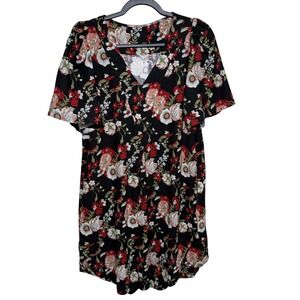 Floral V-Neck Mini Dress Linen Flutter Sleeve Shift Woman's Medium Cottagecore